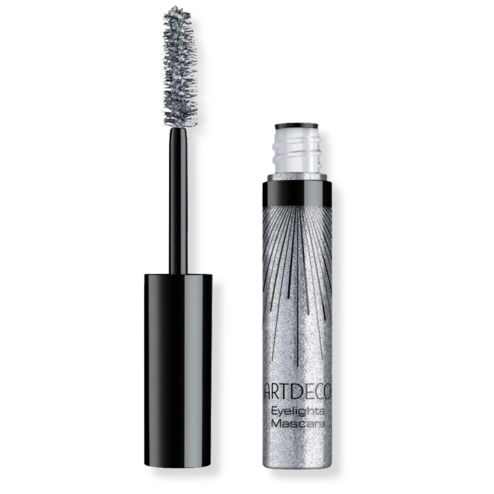 Produktbild der geöffneten Eyelights Mascara in einem glitzernden Silber