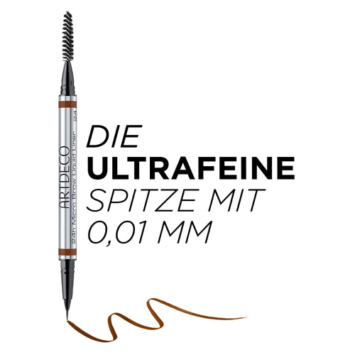 Der 24h Micro Brow Liquid Liner wird gezeigt. Auf dem Bild steht eine der wichtigsten Eigenschaften des Stiftes: Er hat eine ultrafeine Spitze mit 0,01 mm Durchmesser.