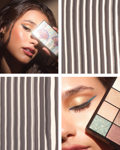 Collage aus unterschiedlichen Anwendungs- und Moodbildern der neuen Eyelights Palette „egyptian goddess"