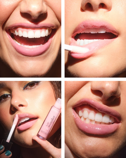 Collage aus unterschiedlichen Anwendungs- und Moodbildern des neuen Lip Wonder Serum „caring ros