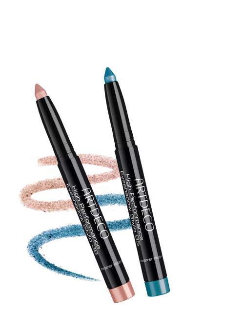 Produktbild der High Performance Eyeshadow Stylos „angelena“ und „south bay“ mit zweitfarbiger Textur im Hintergrund