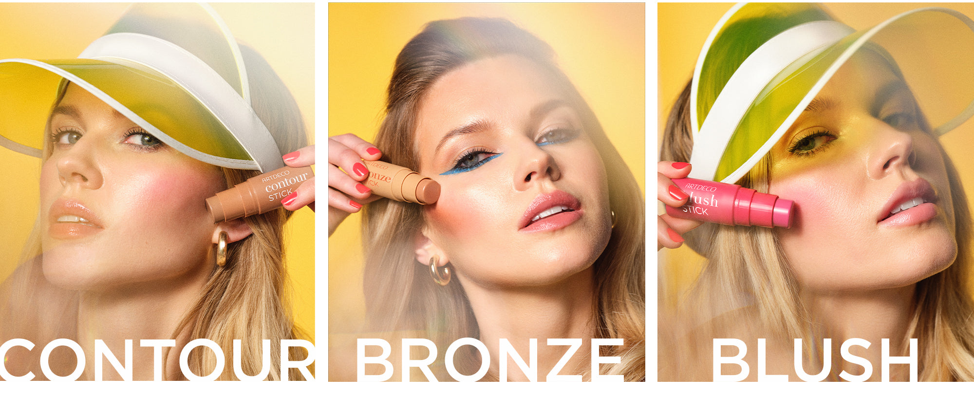 Anwendungsbilder des blonden Models, welches in drei Bildern nebeneinander die jeweilige Anwendung des Blush, Bronze und Contour Stick zeigt