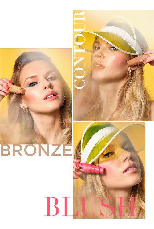 Anwendungsbilder des blonden Models, welches in drei Bildern nebeneinander die jeweilige Anwendung des Blush, Bronze und Contour Stick zeigt