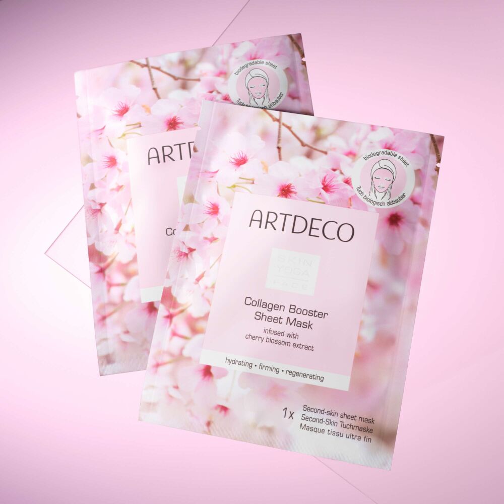 Produktbild zwei Collagen Boosting Sheet Masks auf einem pinken Hintergrund