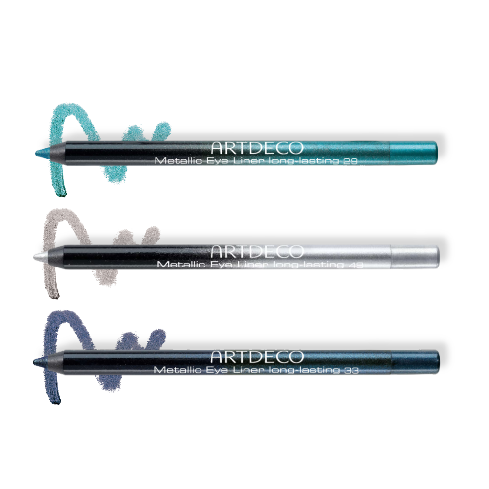 Alle drei neuen Metallic Eye Liner mit dazugehörigen Textur Swatch im Hintergrund. Von oben nach unten: N°29 metallic neptune, N°49 metallic starlight, N°33 metallic universe.