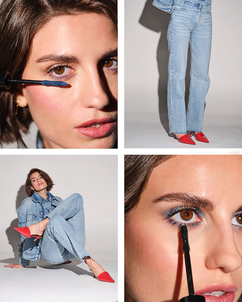 Collage aus unterschiedlichen Anwendungs- und Moodbildern der Length & Volume Mascara im klassischen Schwarz und der neuen Farbe „powder blue“
