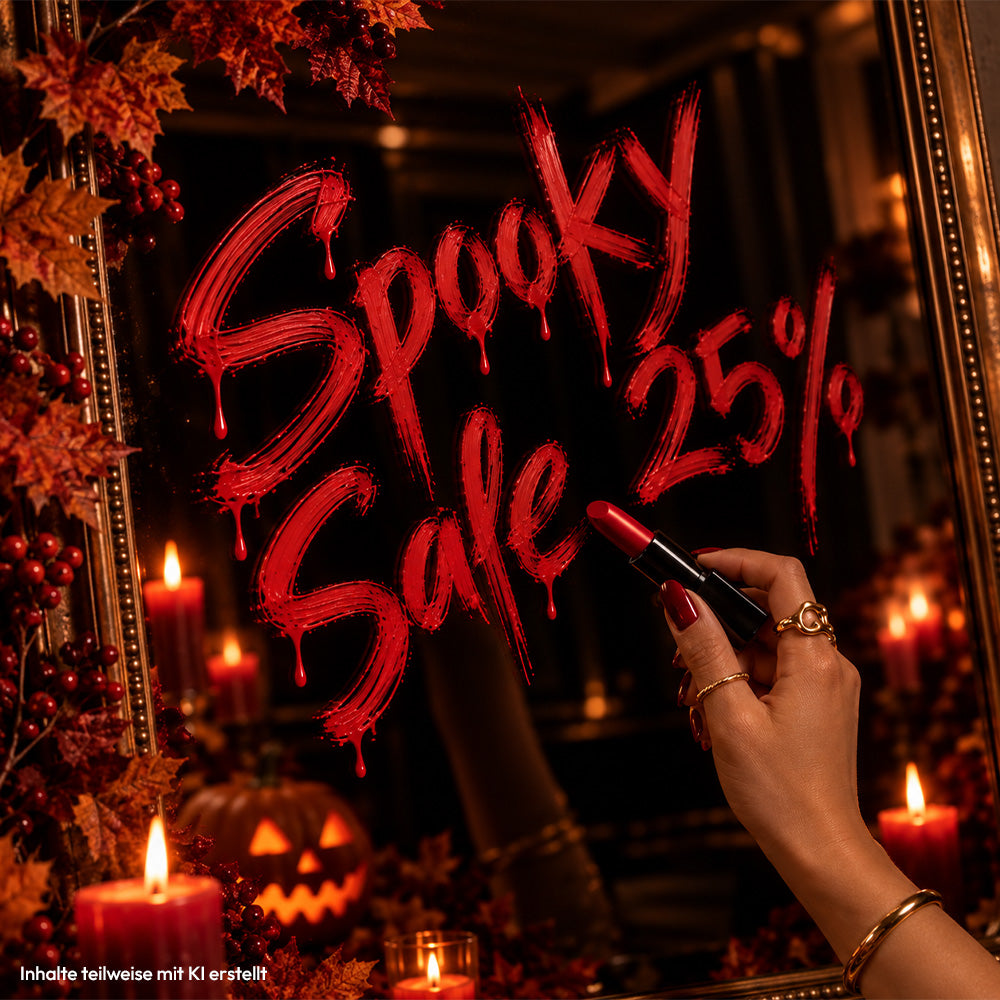 Halloween-Motiv mit rotem Lippenstift, herbstlicher Dekoration, Kerzen und Kürbis. Auf einem Spiegel steht in roter Schrift „Spooky Sale 25 %“.