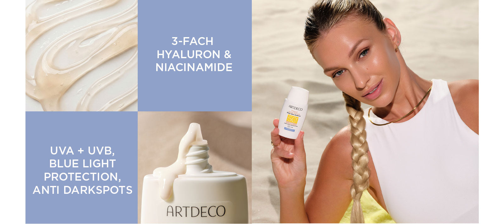 Banner Collage auf verschiedenen Anwendungs und Moodbildern. Auf den blauen Flächen stehen die USPs des Produktes: 3-fach Hyaluron, Niacinamide, UVA + UVB, Blue Light Protection und Anti Darkspots