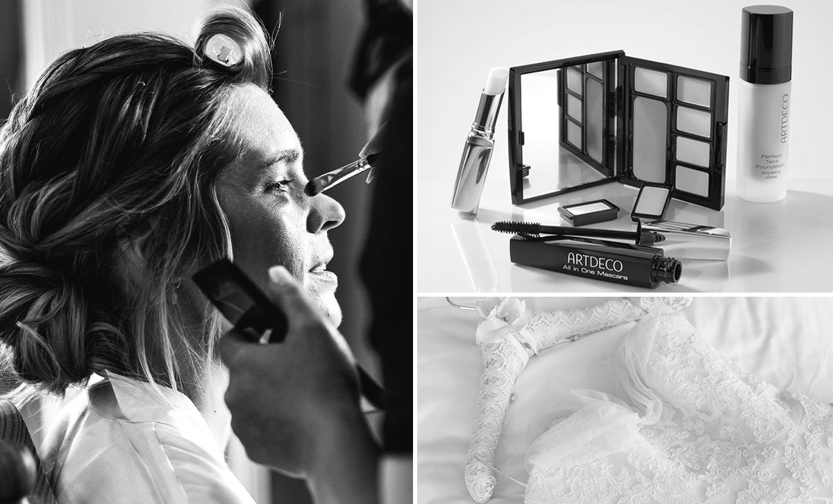 Schwarz-Weiß-Collage aus drei Bildern: Im ersten Bild wird eine Braut von einer Make-up Artistin geschminkt. Im zweiten Bild ist eine Zusammenstellung von Artdeco-Produkten auf einem glänzenden Tisch zu sehen. Im dritten Bild ist ein Hochzeitskleid auf einem Bügel auf dem Bett drapiert.