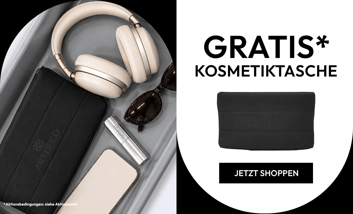 ARTDECO Aktion: Gratis schwarze Kosmetiktasche ab 59€. Banner mit schwarzer Tasche und Beauty-Essentials wie Kopfhörern, Sonnenbrille und Make-up-Produkten.