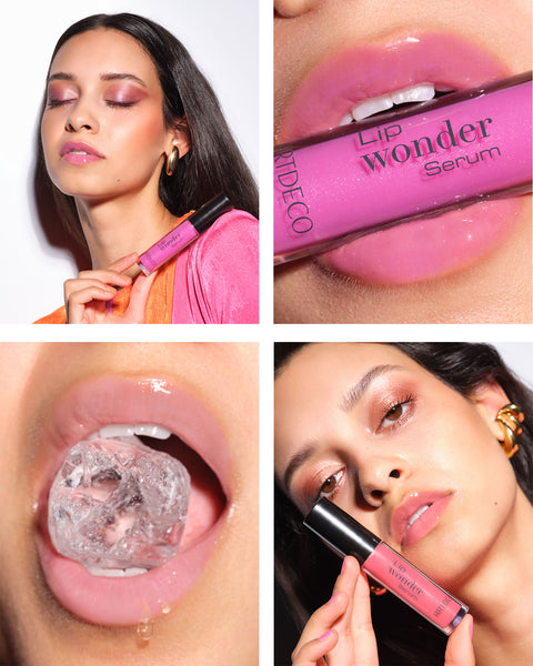 Collage aus unterschiedlichen Anwendungs- und Moodbildern des Lip Wonder Serums in allen drei Nuancen