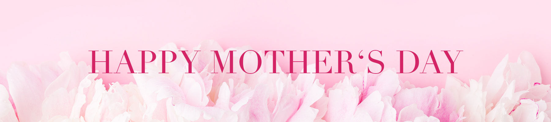 Rosa Hintergrund mit weiß-rosa Pfingstrosen mit einem pinken Schriftzug: Happy Mother's Day.