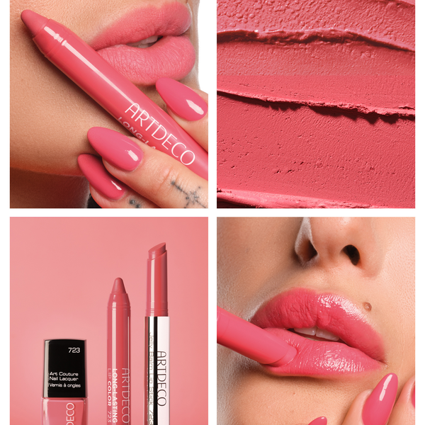 Collage aus Anwendungs- und Produktbildern der N°723, um einen perfekt aufeinander abgestimmten Look aus Lippenstift und Nagellack zu präsentieren