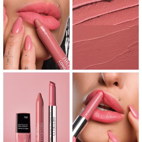 Collage aus Anwendungs- und Produktbildern der N°762, um einen perfekt aufeinander abgestimmten Look aus Lippenstift und Nagellack zu präsentieren