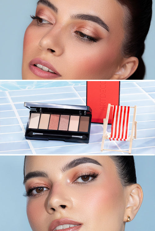 Collage aus drei Bildern zeigt ein sommerliches Make-up-mit einer Frau in rotem Badeanzug, die Lidschatten aus der Iconic Eyeshadow Palette aufträgt. In der Mitte ist die geöffnete Lidschattenpalette vor einem Pool mit Mini-Liegestuhl inszeniert.