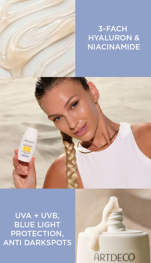Banner Collage auf verschiedenen Anwendungs und Moodbildern. Auf den blauen Flächen stehen die USPs des Produktes: 3-fach Hyaluron, Niacinamide, UVA + UVB, Blue Light Protection und Anti Darkspots