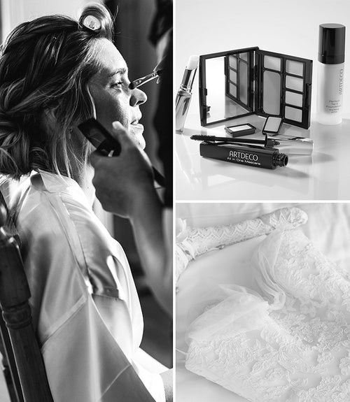 Schwarz-Weiß-Collage aus drei Bildern: Im ersten Bild wird eine Braut von einer Make-up Artistin geschminkt. Im zweiten Bild ist eine Zusammenstellung von Artdeco-Produkten auf einem glänzenden Tisch zu sehen. Im dritten Bild ist ein Hochzeitskleid auf einem Bügel auf dem Bett drapiert.