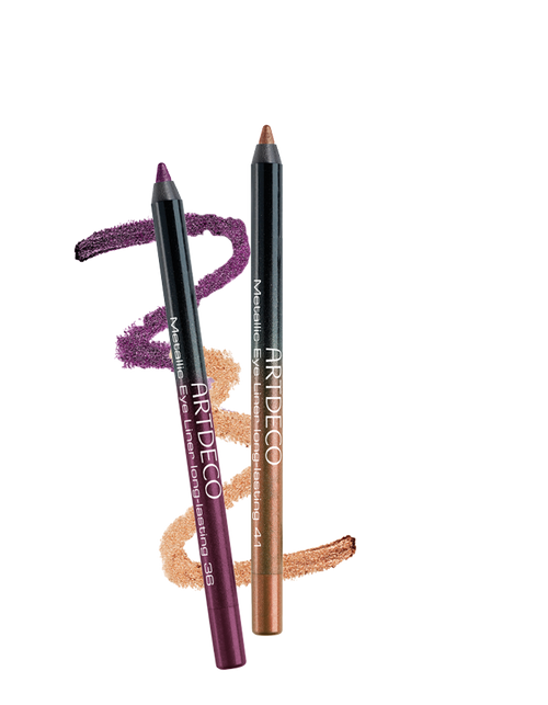 Produktbilder des Metallic Eye Liner „metallic nude rose“ und „metallic lavender“ mit Textur Swatch im Hintergrund