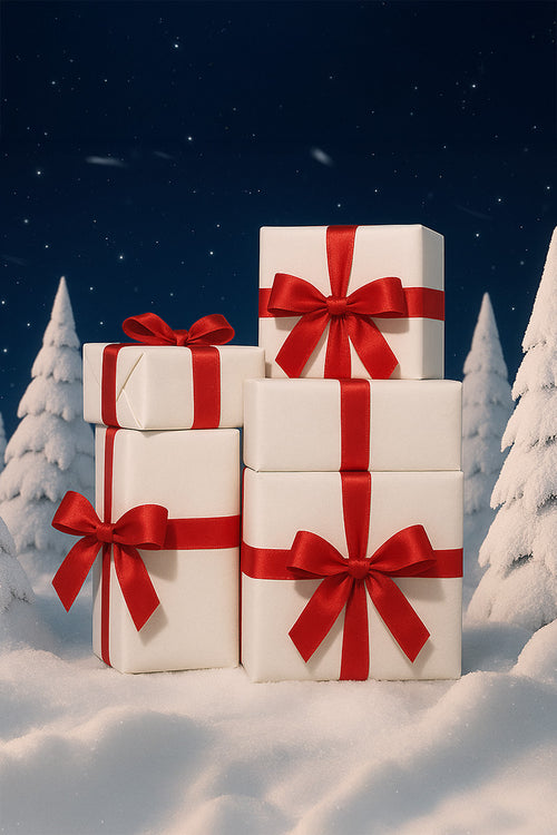 Geschenkeboxen vor weihnachtlichem Hintergrund