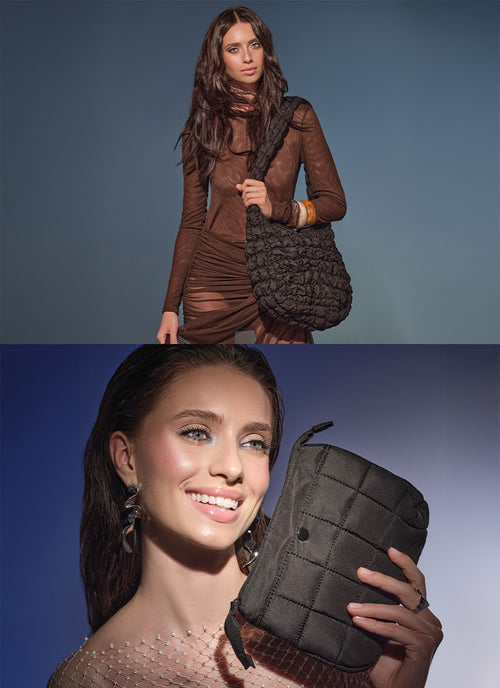 Model mit Cross Body Bag über der Schulter und Cosmetic Bag Classic in der Hand.