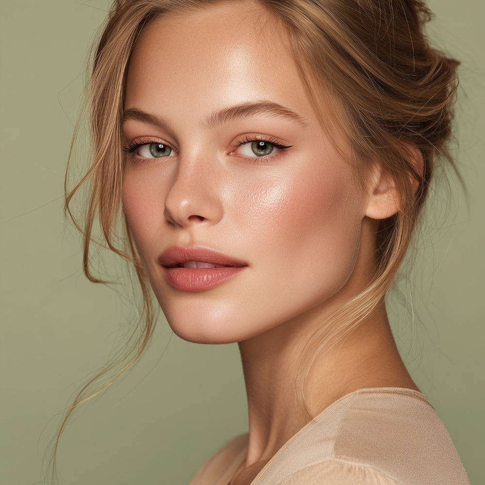 Natürlich geschminktes Model vor grünem Hintergrund.