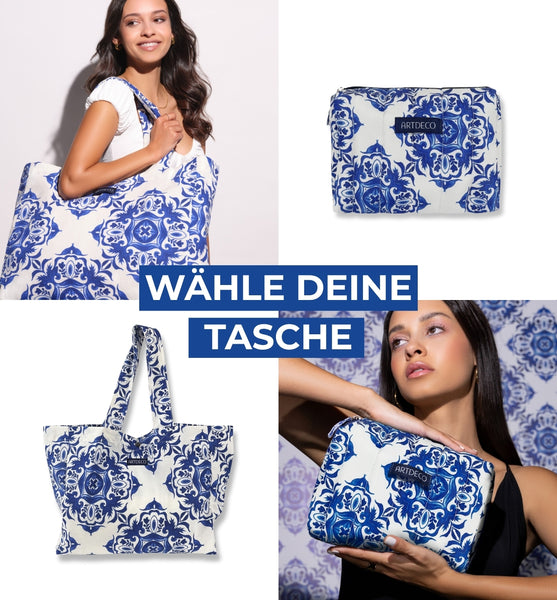 Artdeco Taschen Aktion. Eine Bildercollage aus Produktbildern der Taschen mit weiß-blauen Muster und Bildern in denen die Taschen von einem Model mit langen dunklen Haaren gehalten werden.